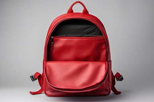 Red backpack open on white background
