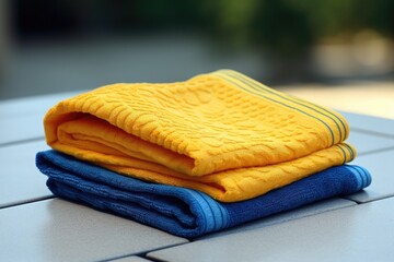 The towel has a fabric texture and is colored in a combination of yellow and blue