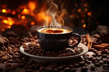 Fotobehang A steaming cup of aromatic coffee surrounded by scattered coffee beans. Concept of morning ritual and caffeine boost. Generative Ai. © Sebastian