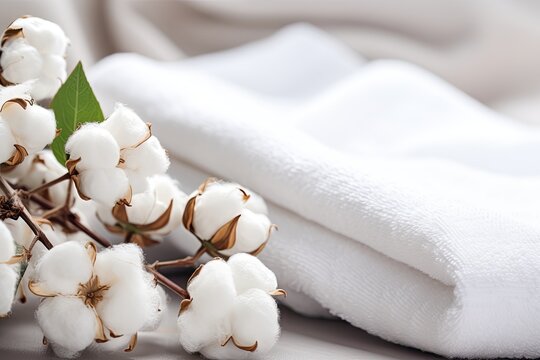 There are cotton flowers resting on a white towel made of terry cloth with empty space to include any desired text or images