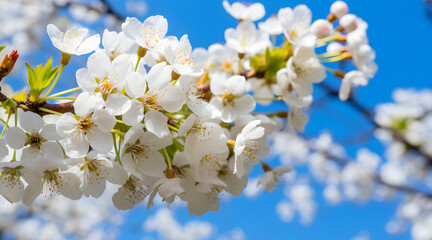 Delicate white apple tree blossoms in full bloom against a vivid blue spring sky, symbolizing the fresh start of the season.