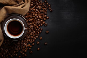 Naklejka premium Top view of coffee beans in a sack on a dark background with a cup of coffee