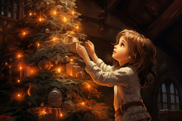 Child Decorating the Christmas Tree, an adorable child eagerly embellishing the tree with holiday decorations and lights