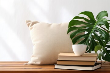 Trendy Scandinavian still life with velvet cushions vintage wooden bench coffee cup on books monstera plant white wall background and blurred bed