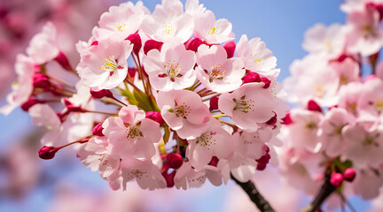 Close-up of delicate pink cherry blossoms in full bloom against a clear blue spring sky, symbolizing the beauty of spring.