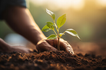 A person's hand planting a tiny sapling in rich soil. Concept of environmental stewardship and growth. Generative Ai. - obrazy, fototapety, plakaty