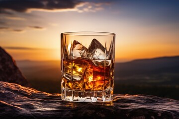 Whiskey on the rocks photographed against sunset on stone