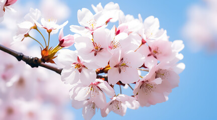 Obraz premium Close-up of delicate pink cherry blossoms in full bloom against a clear blue spring sky, symbolizing the beauty of spring.