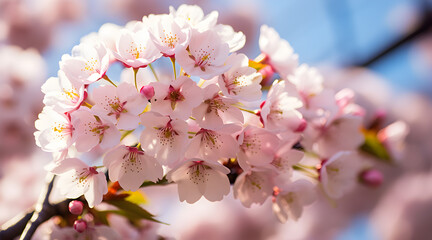 Obraz premium Close-up of delicate pink cherry blossoms in full bloom against a clear blue spring sky, symbolizing the beauty of spring.
