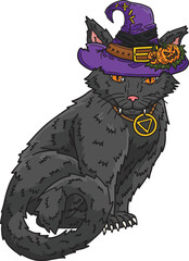 Halloween Cat with a Hat Cartoon Colored Clipart 