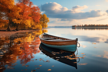 A tranquil scene of a rowboat on a calm, reflective lake. Concept of relaxation and nature's...
