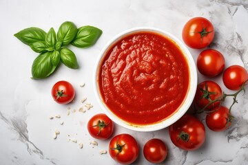 Marble background with homemade tomato sauce in a flat lay composition - obrazy, fototapety, plakaty