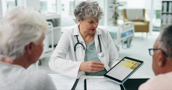 Woman, Doctor And Meeting Couple With Tablet For Hospital Assessment, Test Results And Healthcare Report. Senior Surgeon Talking To Patients With Digital Tech For Medical Analysis, Advice And Support