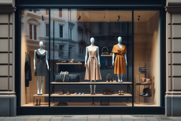 A storefront window with a mock-up of a clothing display. Concept of retail and fashion merchandising. Generative Ai.