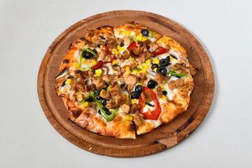 Delicious mixed pizza with rich content. Menu concept of choice and diversity. Pepperoni, Formaggi, Veggie, Karisik pizza