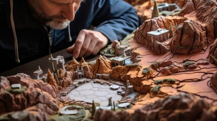 Geographer exploring the terrain on the model - obrazy, fototapety, plakaty