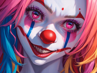 A woman in the image of an evil clown