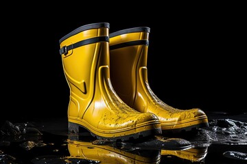 Melting snow on black background with yellow rubber boots