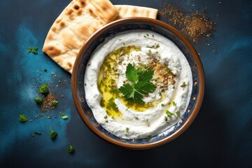 Middle Eastern dip for breakfast with labneh yogurt cream cheese olive oil and zaatar View from...