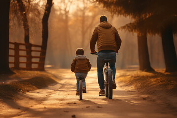 A parent helping their child ride a bike for the first time. Concept of parenting and milestones. Generative Ai. - obrazy, fototapety, plakaty