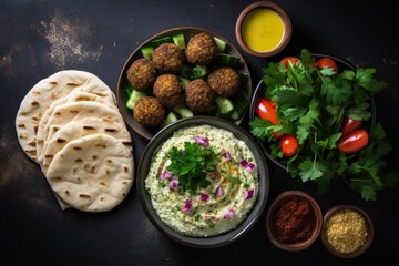 Middle Eastern dishes like falafel hummus tabouleh pita bread and veggies on a concrete backdrop seen from a top angle