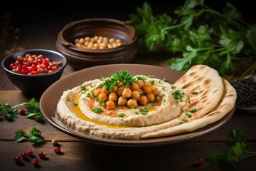 Fototapeta na wymiar Middle Eastern food from Tel Aviv Jaffa consisting of hummus pita bread tahini parsley and chickpeas