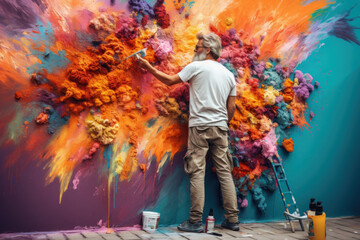 A street artist creating a colorful mural on a city wall. Concept of urban art and self-expression....
