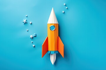 Origami rocket made from paper a craft for kids - obrazy, fototapety, plakaty