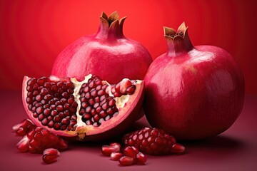 Organic bio pomegranates on red backdrop