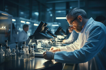 A scientist examining a specimen under a microscope in a lab. Concept of microscopic research and discovery. Generative Ai.