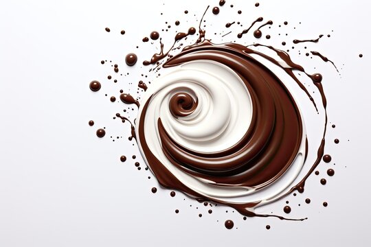 Spiraling milk and chocolate splashes with flowing droplets on white background