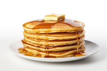 Stack of newly made buttermilk pancakes with syrup and butter isolated on white - obrazy, fototapety, plakaty