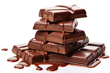 Stacked chocolate pieces and isolated chocolate syrup on white background Close up