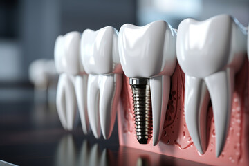A dental implant model showcasing the titanium screw and abutment. Concept of dental prosthetics and tooth restoration. Generative Ai. - obrazy, fototapety, plakaty