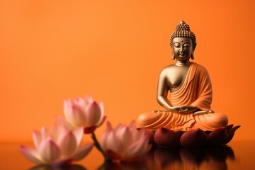 Standing Buddha on water lotus orange background