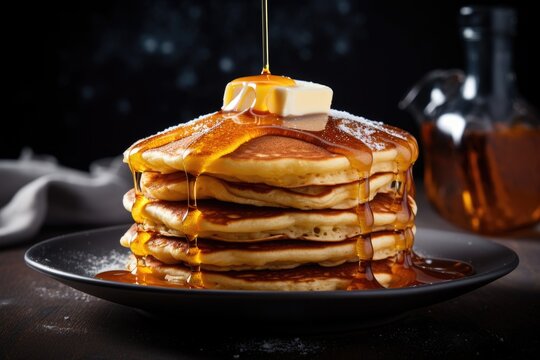 Stack of pancakes with melting butter and maple syrup is heavenly