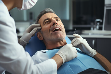 A dentist examining a patient's mouth for potential implant candidacy. Concept of oral health assessment. Generative Ai. - obrazy, fototapety, plakaty