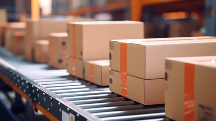 Foto op Plexiglas Close-up of multiple cardboard box packages on conveyor belt. © Pro Hi-Res