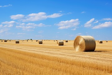 Summertime field scattered with haystacks