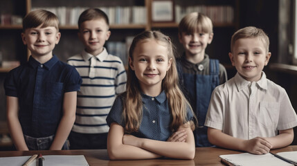 Fototapeta premium Portrait of smiling schoolchildren sitting at desk in classroom. School concept. Back to school concept. Children concept