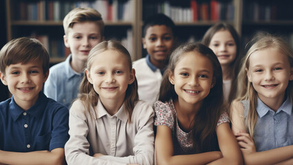 Obraz premium Portrait of smiling schoolchildren sitting at desk in classroom. School concept. Back to school concept. Children concept