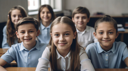 Portrait of smiling schoolchildren sitting at desk in classroom. School concept. Back to school concept. Children concept