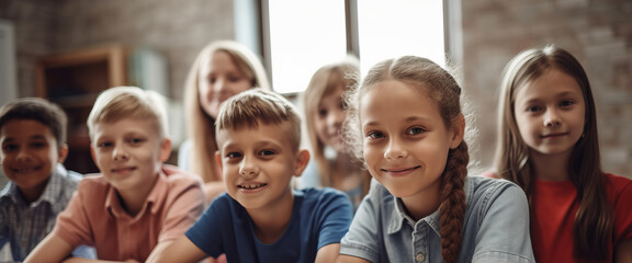 Fototapeta premium Portrait of smiling schoolchildren sitting at desk in classroom. School concept. Back to school concept. Children concept