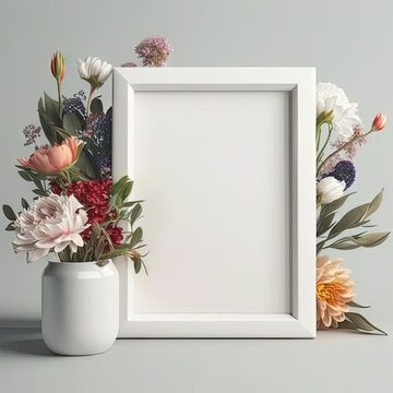 Empty blank photoframe with copy space for text standing on table near white vase with bouquet of delicate flowers. Mother's Day, Valentine's Day, birthday, wedding card, wedding invitation