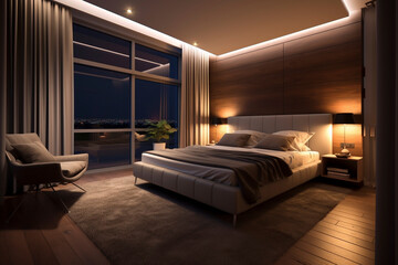 間接照明で暗くした睡眠の質を向上させる寝室のイメージ「AI生成画像」 - obrazy, fototapety, plakaty