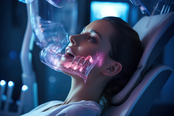 A patient receiving a 3D intraoral scan for precise implant placement. Concept of digital dentistry and accuracy. Generative Ai. - obrazy, fototapety, plakaty