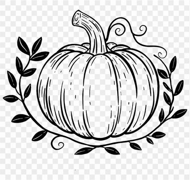 Hand drawn pumpkin with leaves and vine in  brush style isolated on transparent PNG background for Thanksgiving 