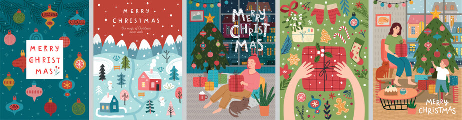 Naklejka premium Christmas card set - hand drawn cute flyers. Postcards with lettering and Christmas graphic elements. Xmas prints.