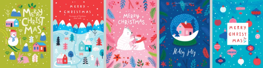 Fotobehang Christmas card set - hand drawn cute flyers. Postcards with lettering and Christmas graphic elements. Xmas prints. © avian