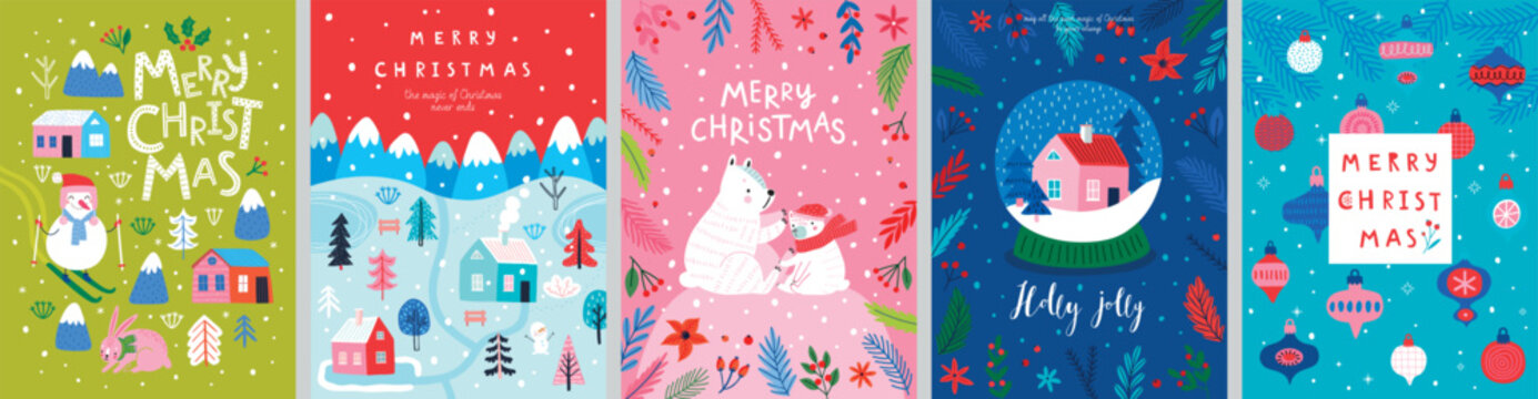 Christmas card set - hand drawn cute flyers. Postcards with lettering and Christmas graphic elements. Xmas prints.